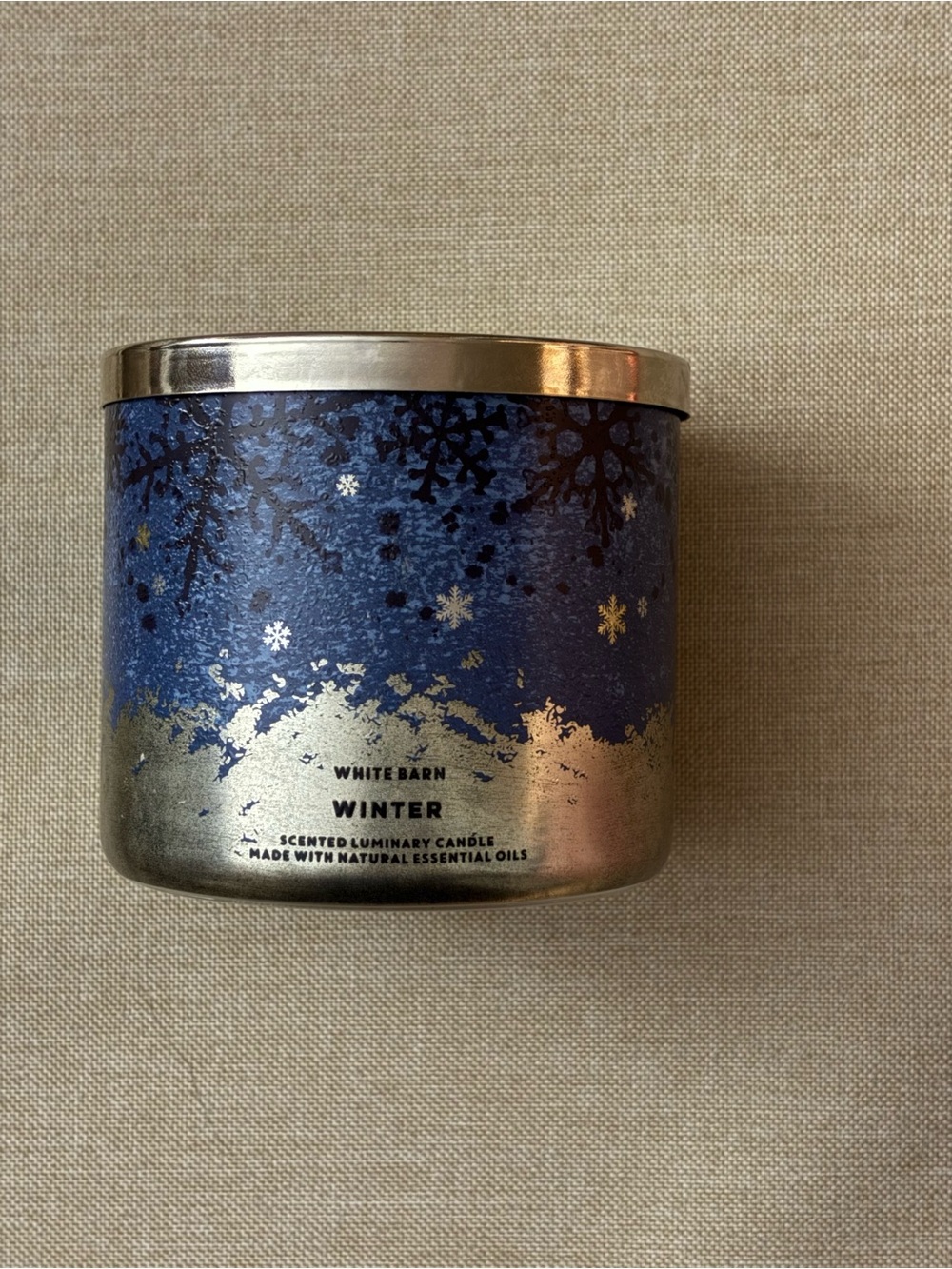 White Barn Winter Candle - Blue and Gold Decorative Tin